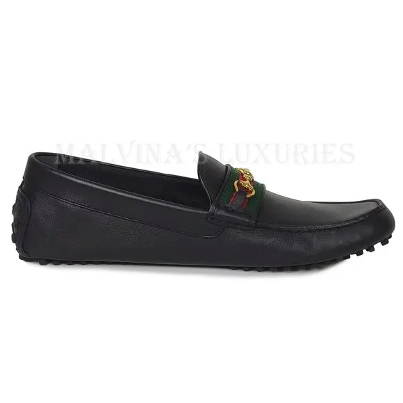 GUCCI SHOES MENS BLACK LEATHER HORSEBIT LOGO DRIVER LOAFERS w WEB sz 13 13.5 - Picture 9 of 16